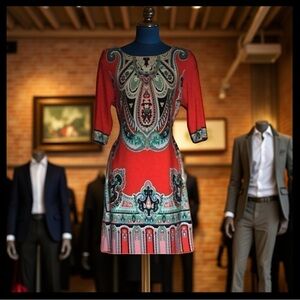 Vibrant Red Paisley Print Dress • Work • All Seasons • Indie